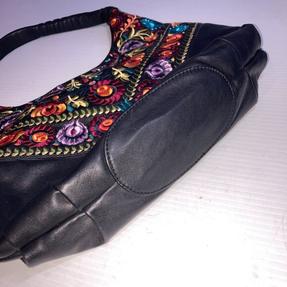 ISABELLA FIORE Embroidered Black Genuine  Leather Rachel Hobo Bag 15"w - Picture 5 of 15
